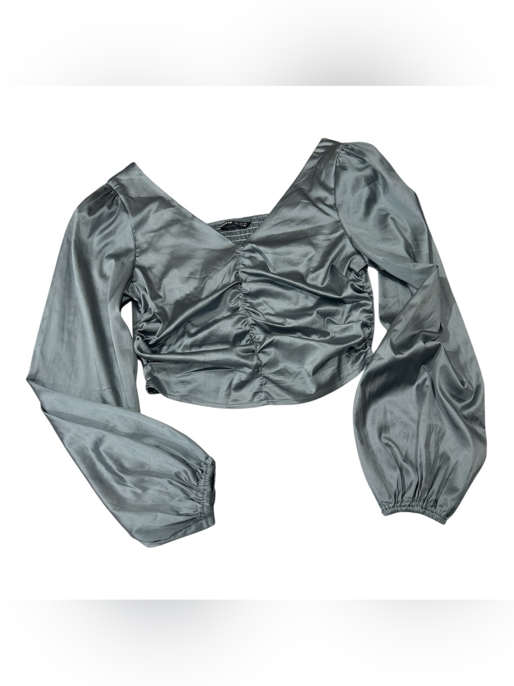 SHEIN Ruched V-Neck Long Sleeve Crop Top Gray/Silver Sz S
